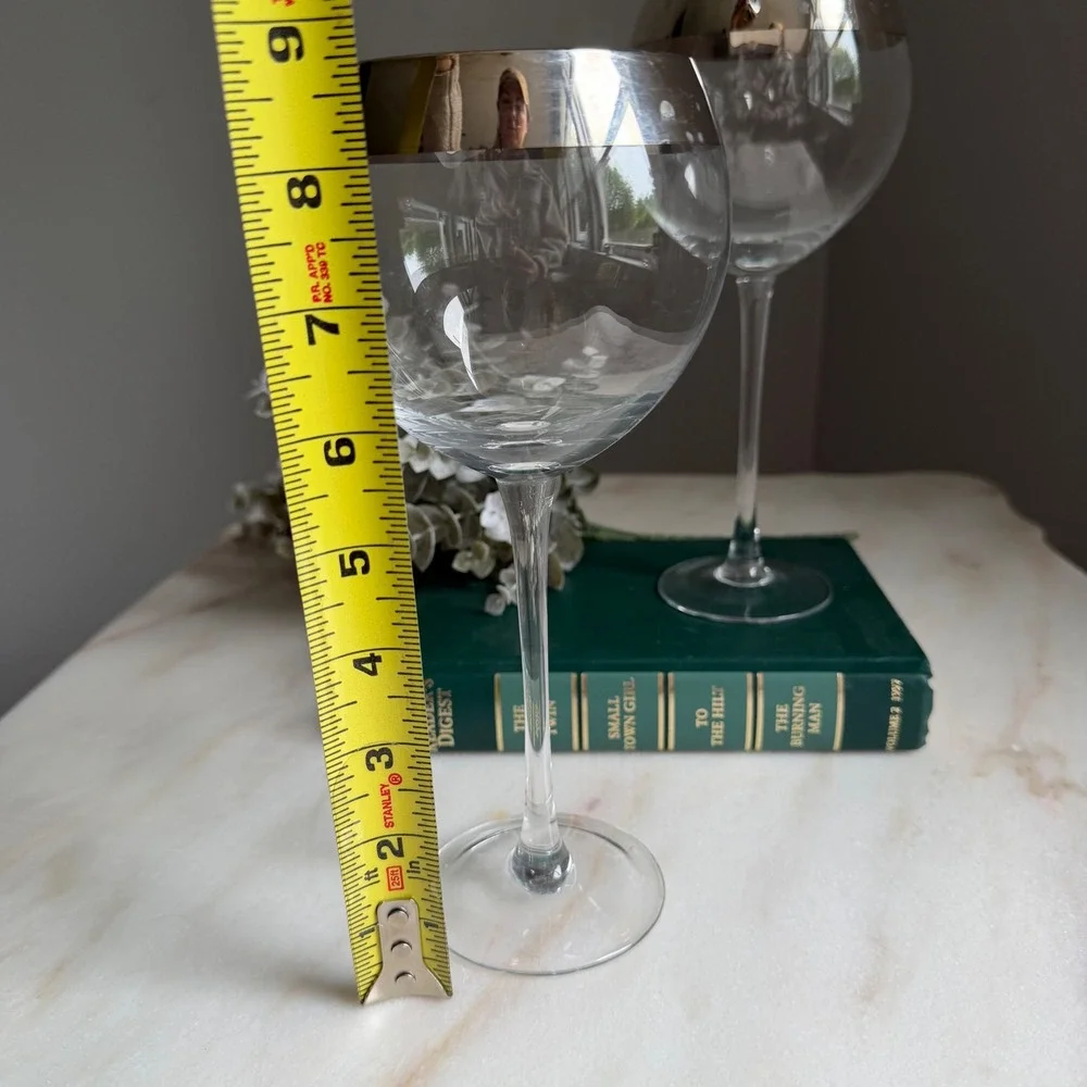 Vintage‎ Silver Rim Balloon Wine Glasses Set of 2 Large Clear Glass Goblets 9in